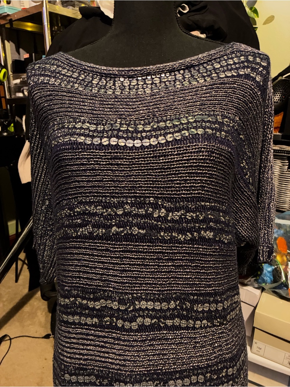 #447| (L)Chico's metallic Navy/silver Striped Open-Knit Off-Shoulder Sweater